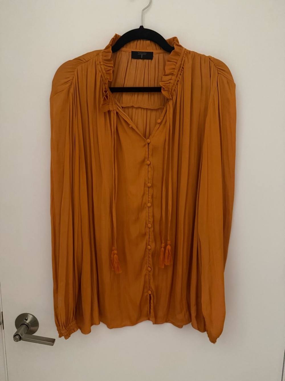 Tahari Burnt Orange Tassel Button-Front Ruffle Blouse